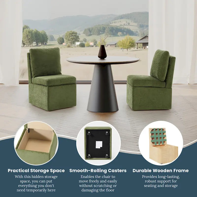 Stansberry Chenille Upholstered Dining Chair with Under Seat Storage and Caster Wheels