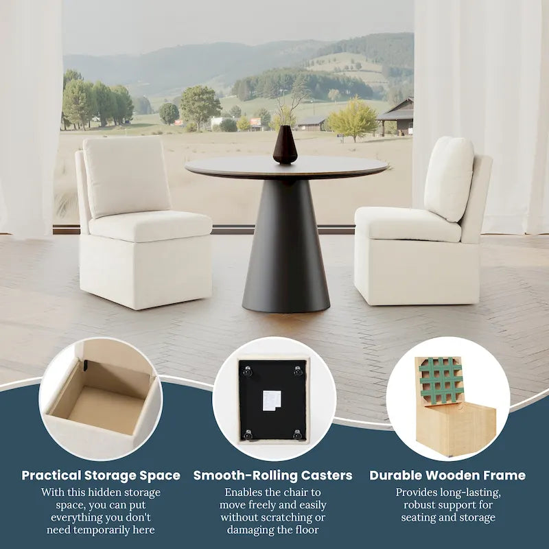 Stansberry Chenille Upholstered Dining Chair with Under Seat Storage and Caster Wheels