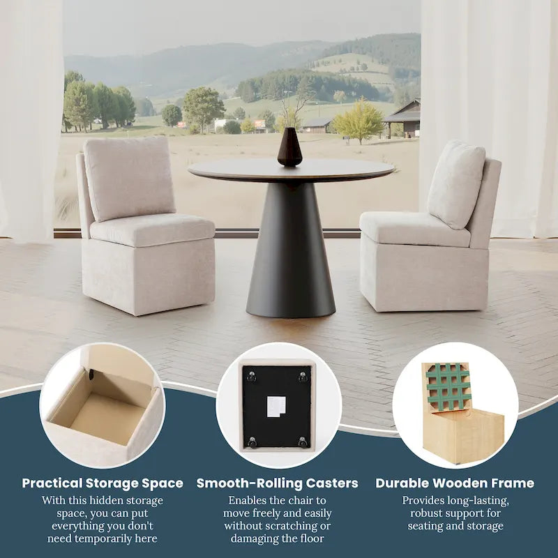 Stansberry Chenille Upholstered Dining Chair with Under Seat Storage and Caster Wheels