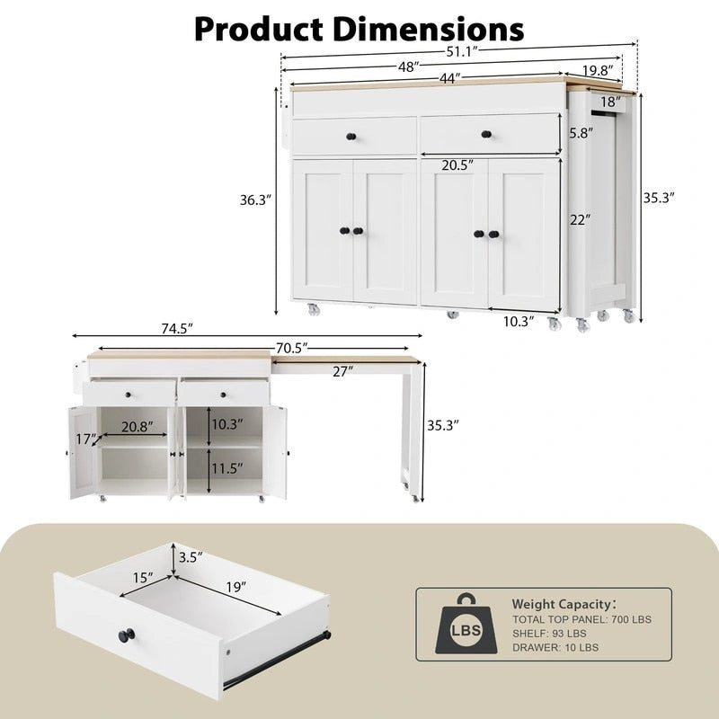 Abner Kitchen Island with Extendable Dining Table