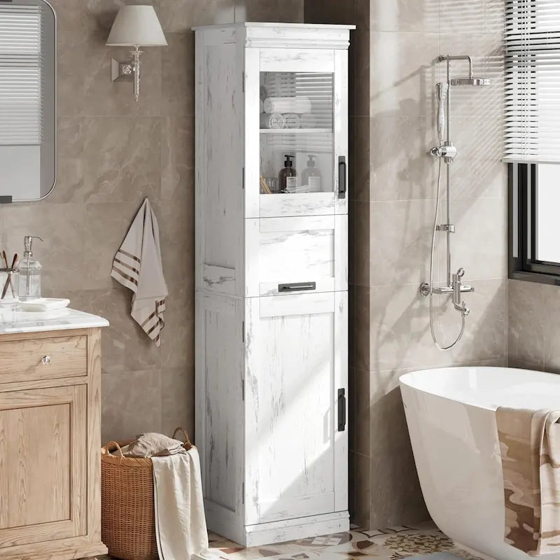 Tall Bathroom Cabinet, Freestanding Storage Cabinet with Glass Doors