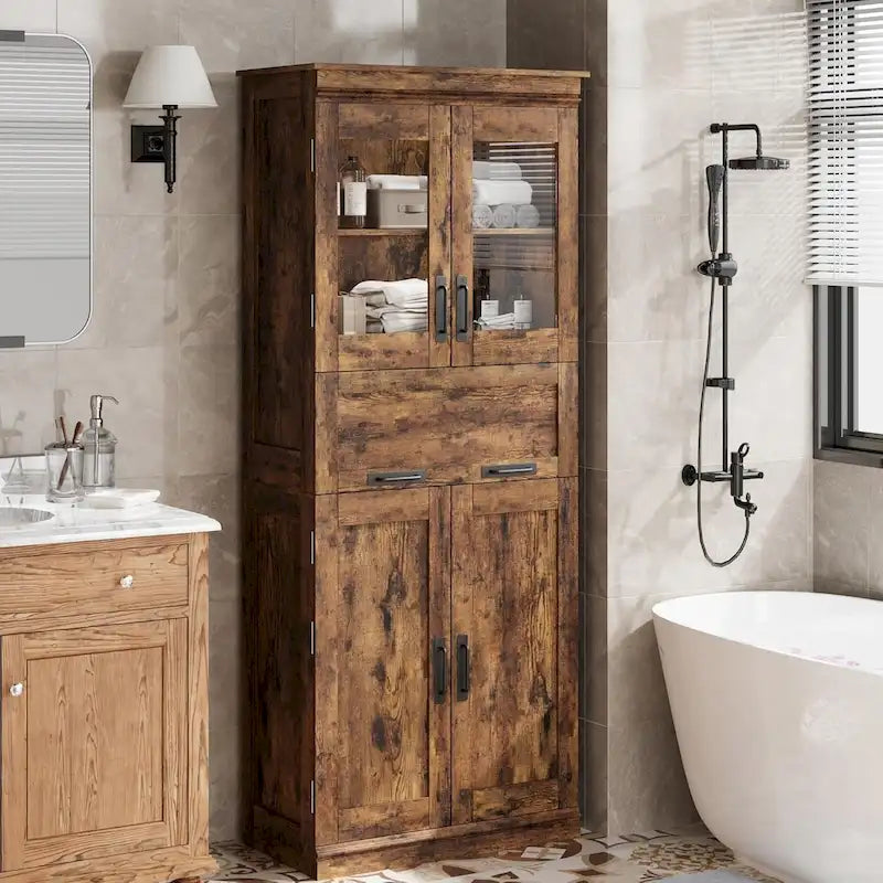 Tall Bathroom Cabinet, Freestanding Storage Cabinet with Glass Doors