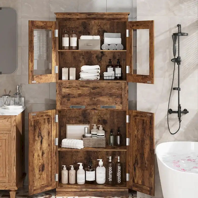 Tall Bathroom Cabinet, Freestanding Storage Cabinet with Glass Doors