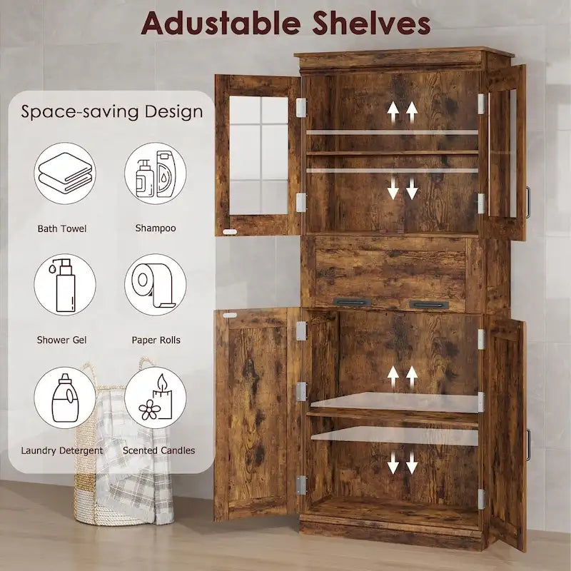 Tall Bathroom Cabinet, Freestanding Storage Cabinet with Glass Doors