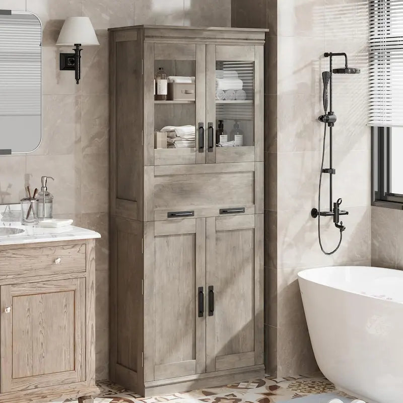 Tall Bathroom Cabinet, Freestanding Storage Cabinet with Glass Doors