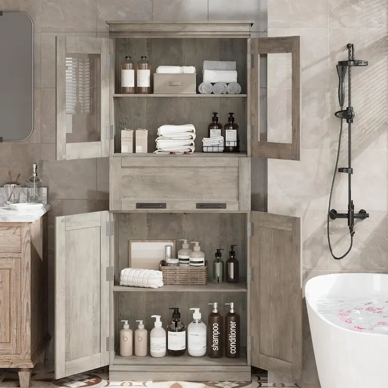 Tall Bathroom Cabinet, Freestanding Storage Cabinet with Glass Doors