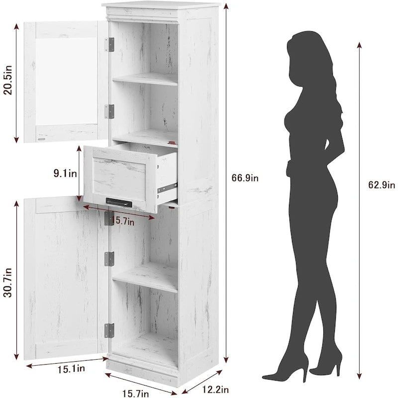 Tall Bathroom Cabinet, Freestanding Storage Cabinet with Glass Doors
