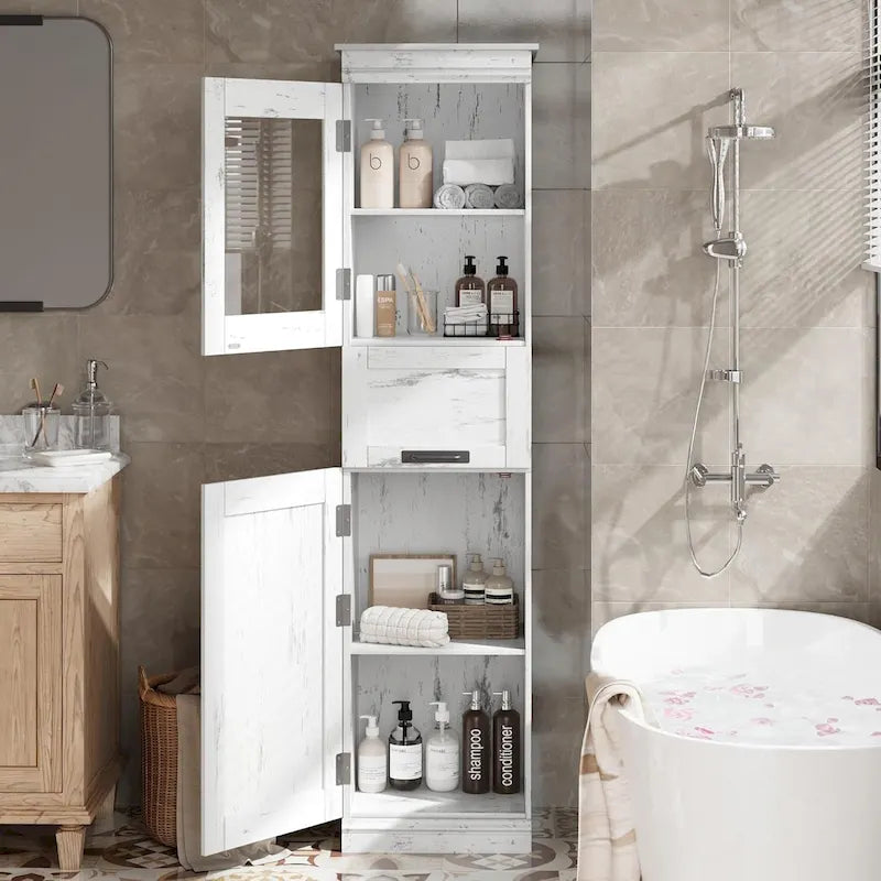 Tall Bathroom Cabinet, Freestanding Storage Cabinet with Glass Doors