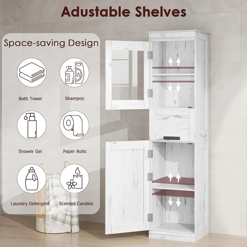 Tall Bathroom Cabinet, Freestanding Storage Cabinet with Glass Doors
