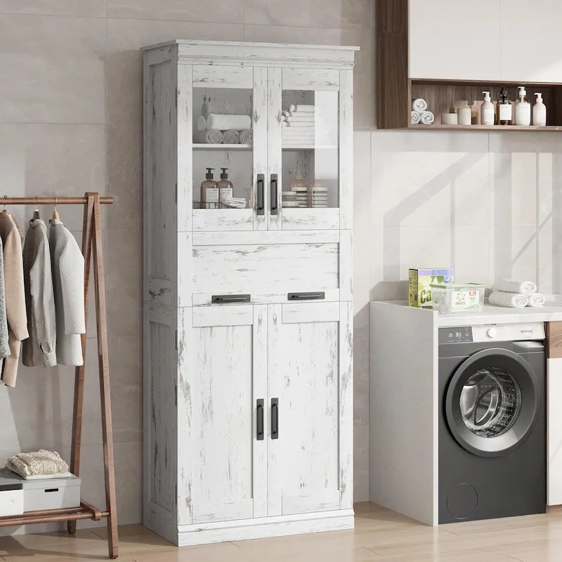 Tall Bathroom Cabinet, Freestanding Storage Cabinet with Glass Doors