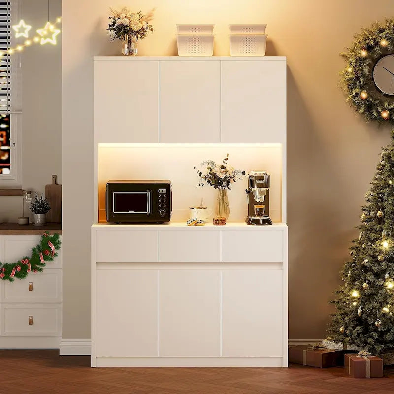 Large Kitchen Pantry with Microwave Countertop and LED Lights