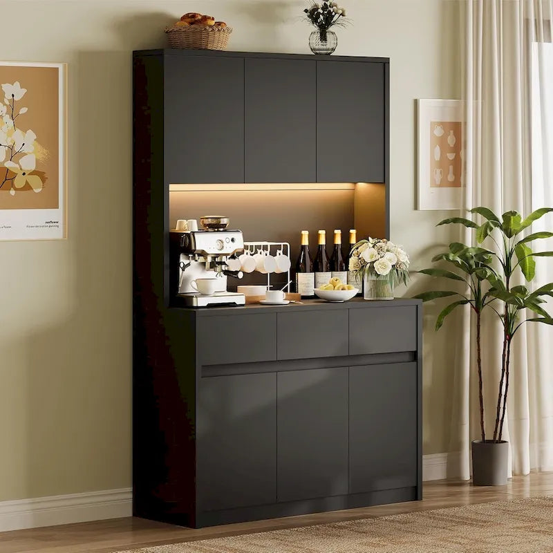 Large Kitchen Pantry with Microwave Countertop and LED Lights