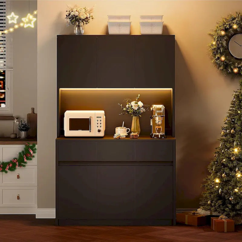 Large Kitchen Pantry with Microwave Countertop and LED Lights