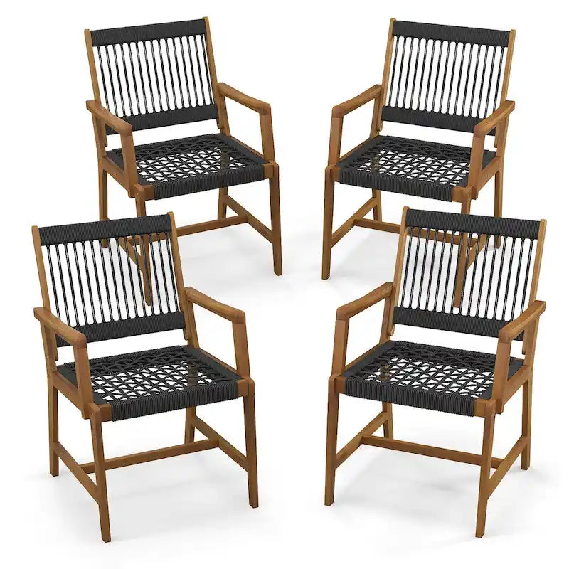 Gymax Patio 4PCS Acacia Wood Dining Chairs All-Weather Rope Woven