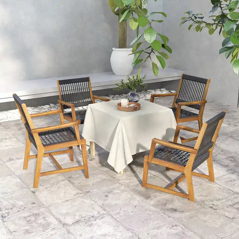 Gymax Patio 4PCS Acacia Wood Dining Chairs All-Weather Rope Woven