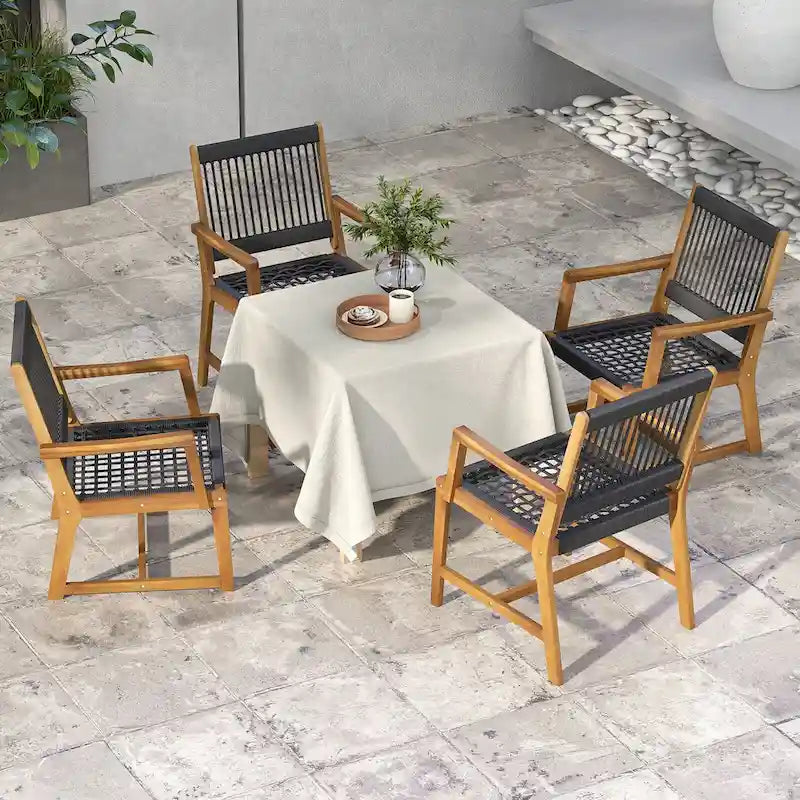 Gymax Patio 4PCS Acacia Wood Dining Chairs All-Weather Rope Woven