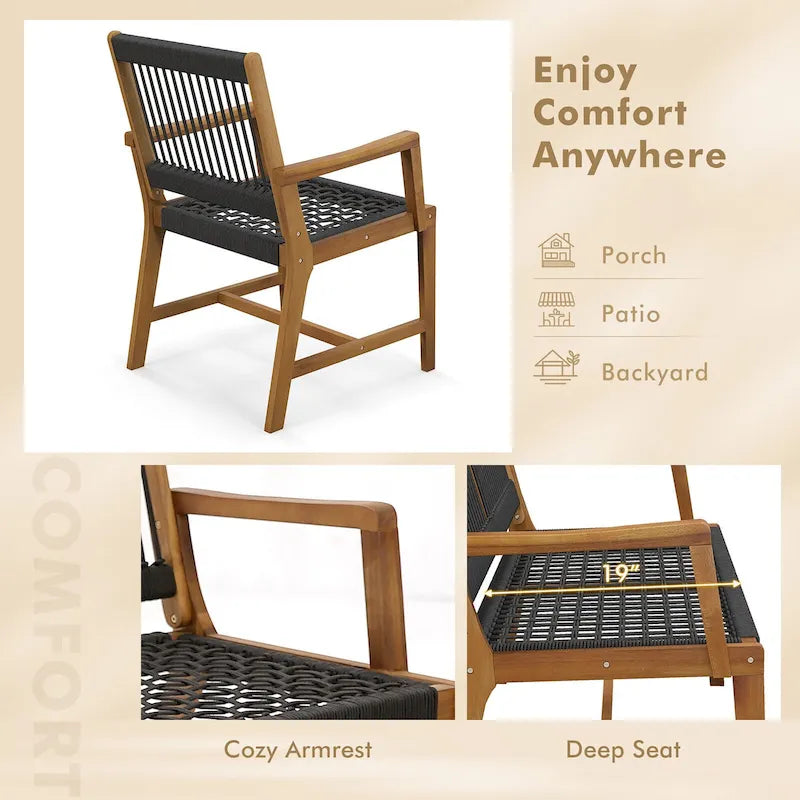 Gymax Patio 4PCS Acacia Wood Dining Chairs All-Weather Rope Woven