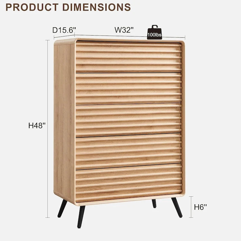 Mid Century Modern 5 Drawers Dresser, Wood Fluted Chest of Drawers