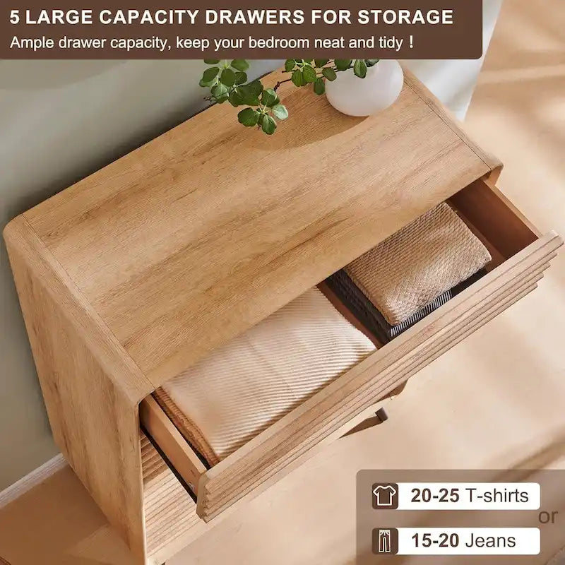 Mid Century Modern 5 Drawers Dresser, Wood Fluted Chest of Drawers