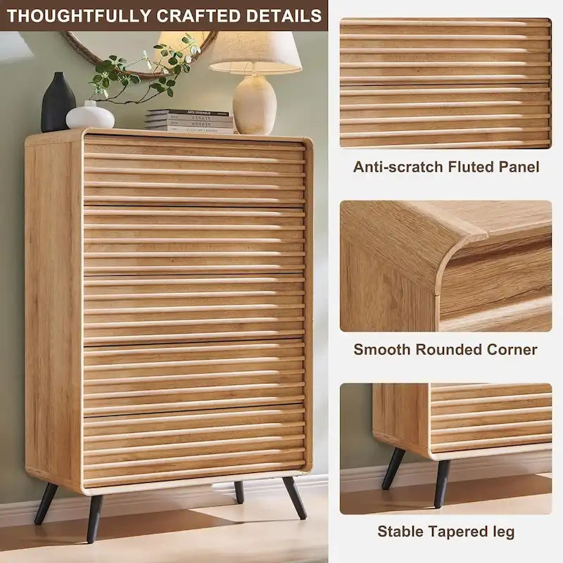 Mid Century Modern 5 Drawers Dresser, Wood Fluted Chest of Drawers