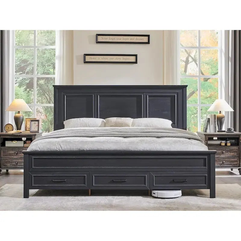 Farmhouse King Wood Bed Frame with Headboard, Platform Bedframe