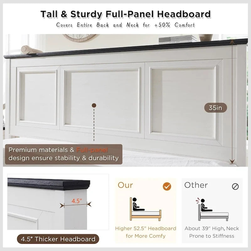 Farmhouse King Wood Bed Frame with Headboard, Platform Bedframe