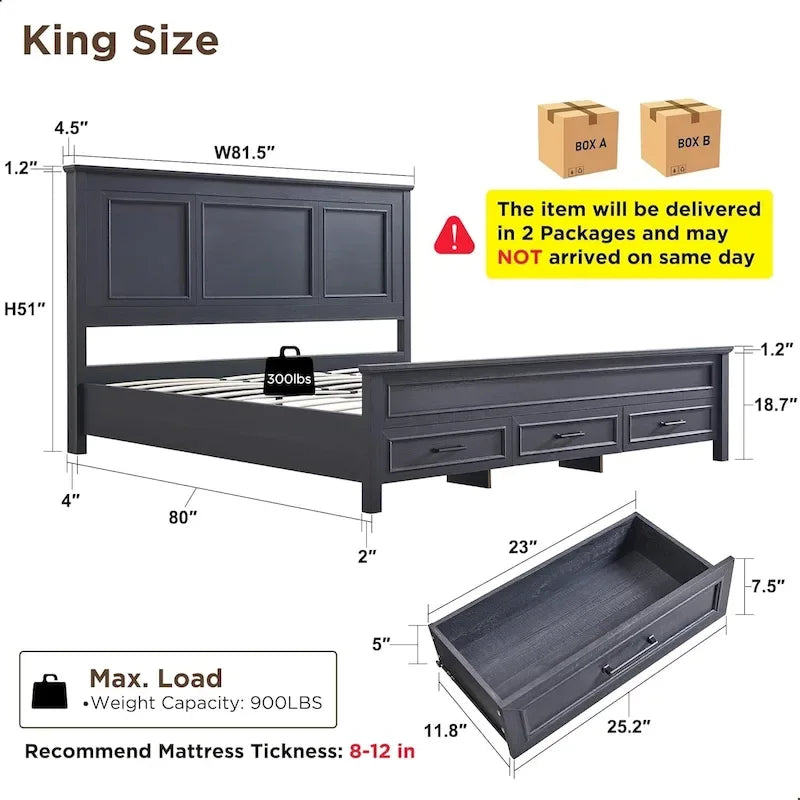 Farmhouse King Wood Bed Frame with Headboard, Platform Bedframe