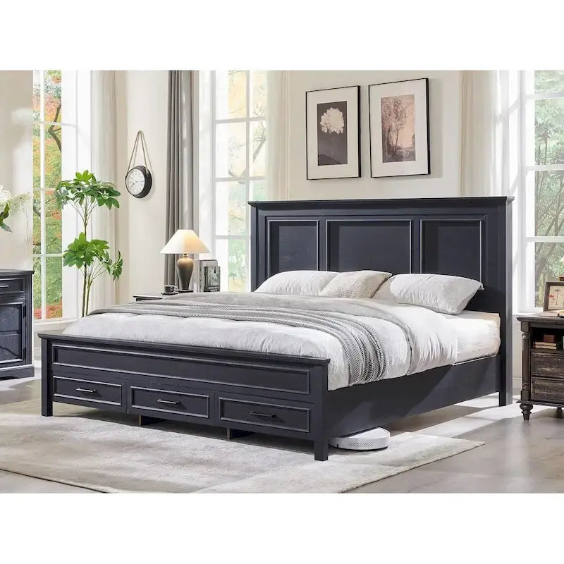 Farmhouse King Wood Bed Frame with Headboard, Platform Bedframe