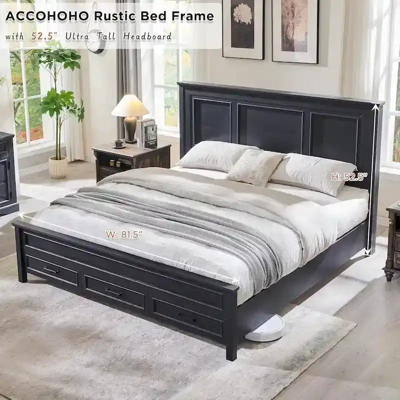 Farmhouse King Wood Bed Frame with Headboard, Platform Bedframe
