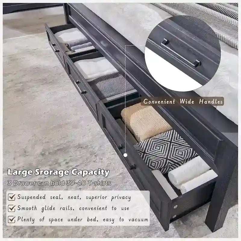 Farmhouse King Wood Bed Frame with Headboard, Platform Bedframe