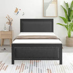 VECELO Bed Frame with Upholstered Linen Headboard and Footboard, Heavy-Duty Platform with Strong Metal Slats