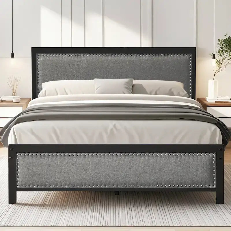 VECELO Bed Frame with Upholstered Linen Headboard and Footboard, Heavy-Duty Platform with Strong Metal Slats