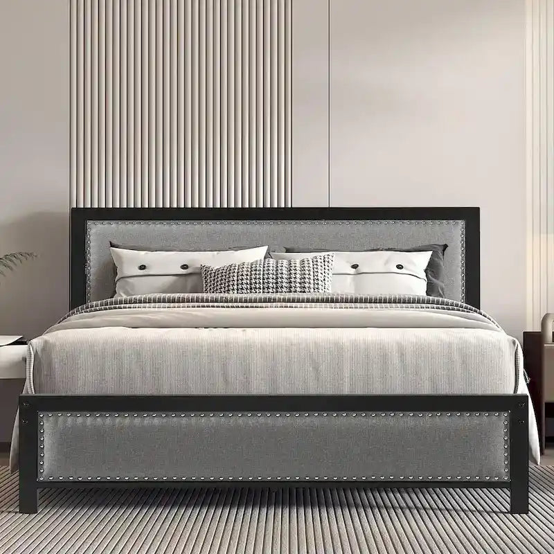 VECELO Bed Frame with Upholstered Linen Headboard and Footboard, Heavy-Duty Platform with Strong Metal Slats