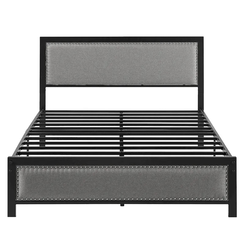 VECELO Bed Frame with Upholstered Linen Headboard and Footboard, Heavy-Duty Platform with Strong Metal Slats