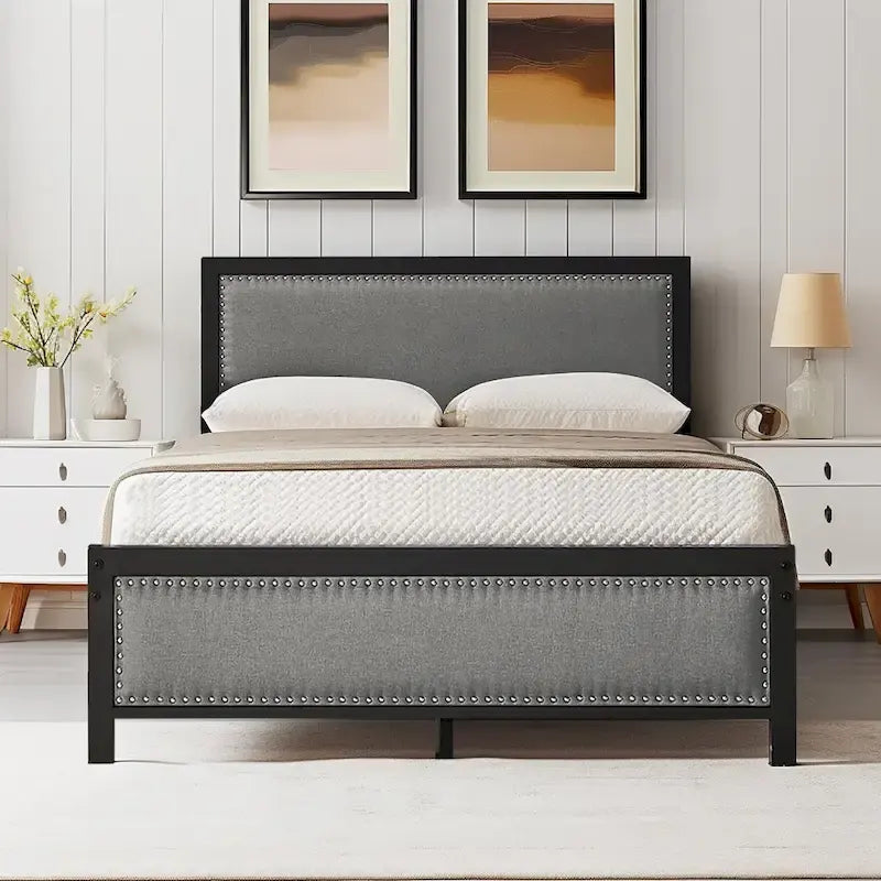 VECELO Bed Frame with Upholstered Linen Headboard and Footboard, Heavy-Duty Platform with Strong Metal Slats