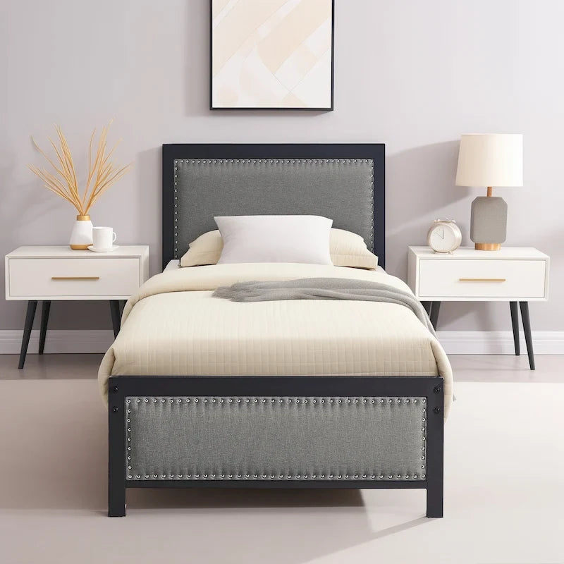 VECELO Bed Frame with Upholstered Linen Headboard and Footboard, Heavy-Duty Platform with Strong Metal Slats