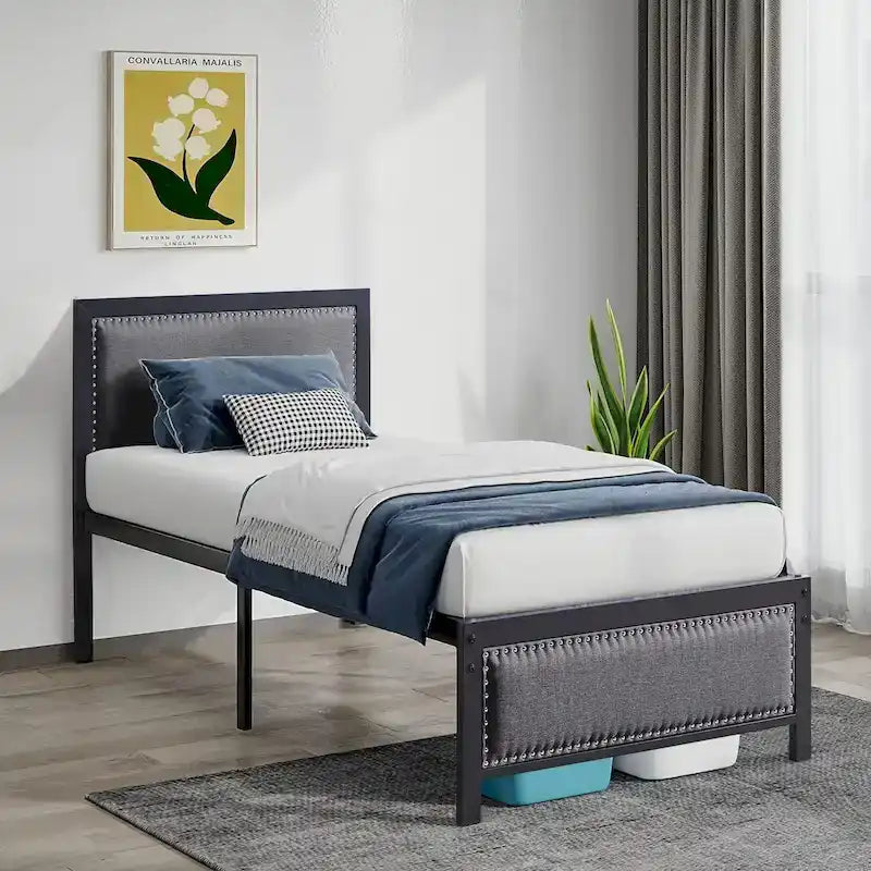 VECELO Bed Frame with Upholstered Linen Headboard and Footboard, Heavy-Duty Platform with Strong Metal Slats