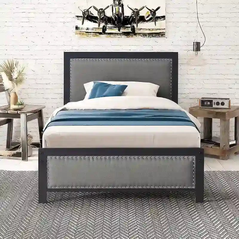 VECELO Bed Frame with Upholstered Linen Headboard and Footboard, Heavy-Duty Platform with Strong Metal Slats