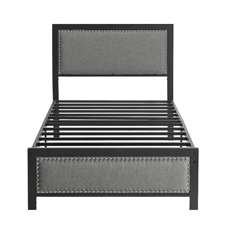 VECELO Bed Frame with Upholstered Linen Headboard and Footboard, Heavy-Duty Platform with Strong Metal Slats