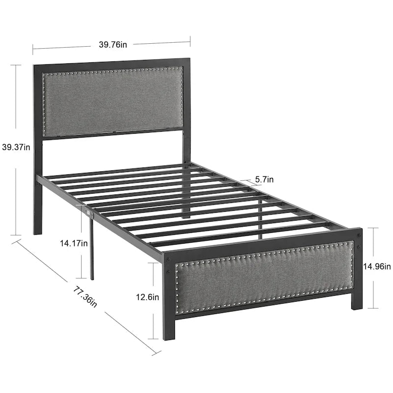 VECELO Bed Frame with Upholstered Linen Headboard and Footboard, Heavy-Duty Platform with Strong Metal Slats