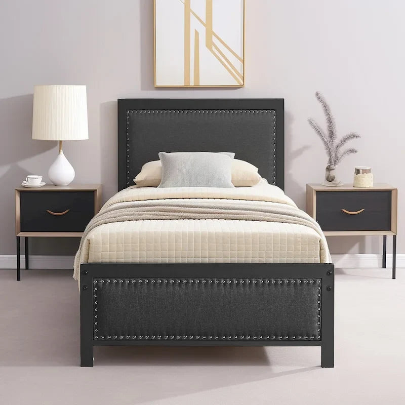 VECELO Bed Frame with Upholstered Linen Headboard and Footboard, Heavy-Duty Platform with Strong Metal Slats