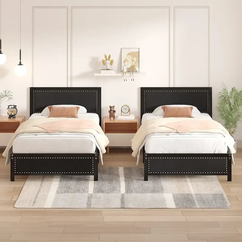 VECELO Bed Frame with Upholstered Linen Headboard and Footboard, Heavy-Duty Platform with Strong Metal Slats