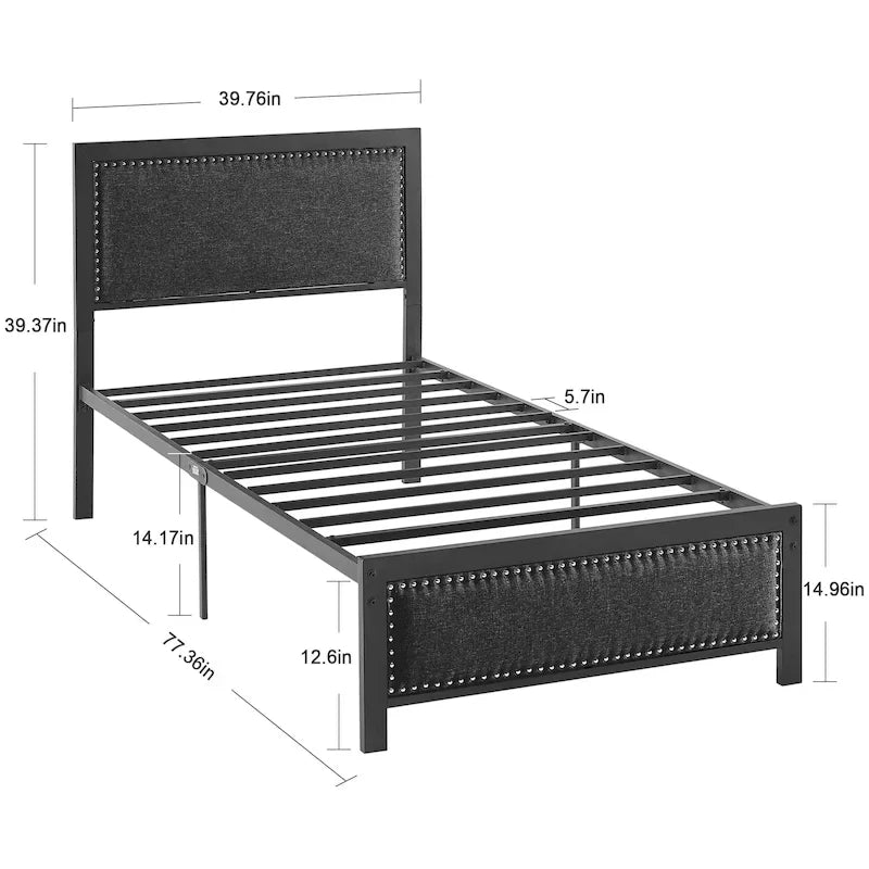 VECELO Bed Frame with Upholstered Linen Headboard and Footboard, Heavy-Duty Platform with Strong Metal Slats