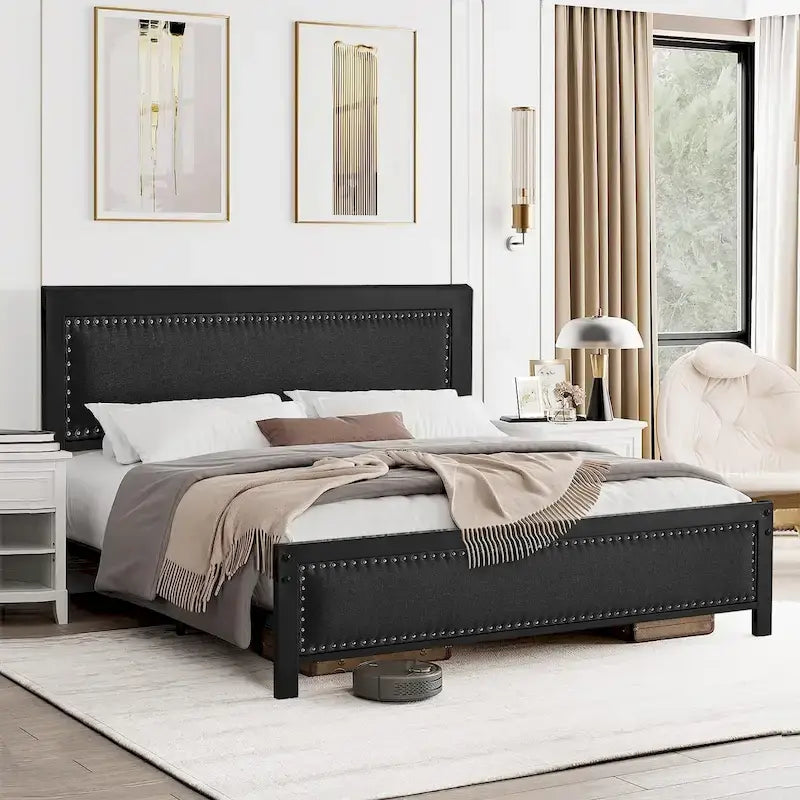 VECELO Bed Frame with Upholstered Linen Headboard and Footboard, Heavy-Duty Platform with Strong Metal Slats