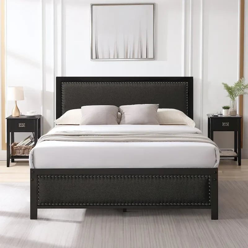 VECELO Bed Frame with Upholstered Linen Headboard and Footboard, Heavy-Duty Platform with Strong Metal Slats