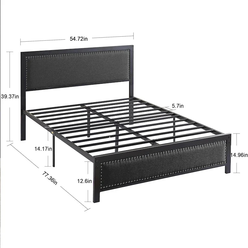 VECELO Bed Frame with Upholstered Linen Headboard and Footboard, Heavy-Duty Platform with Strong Metal Slats
