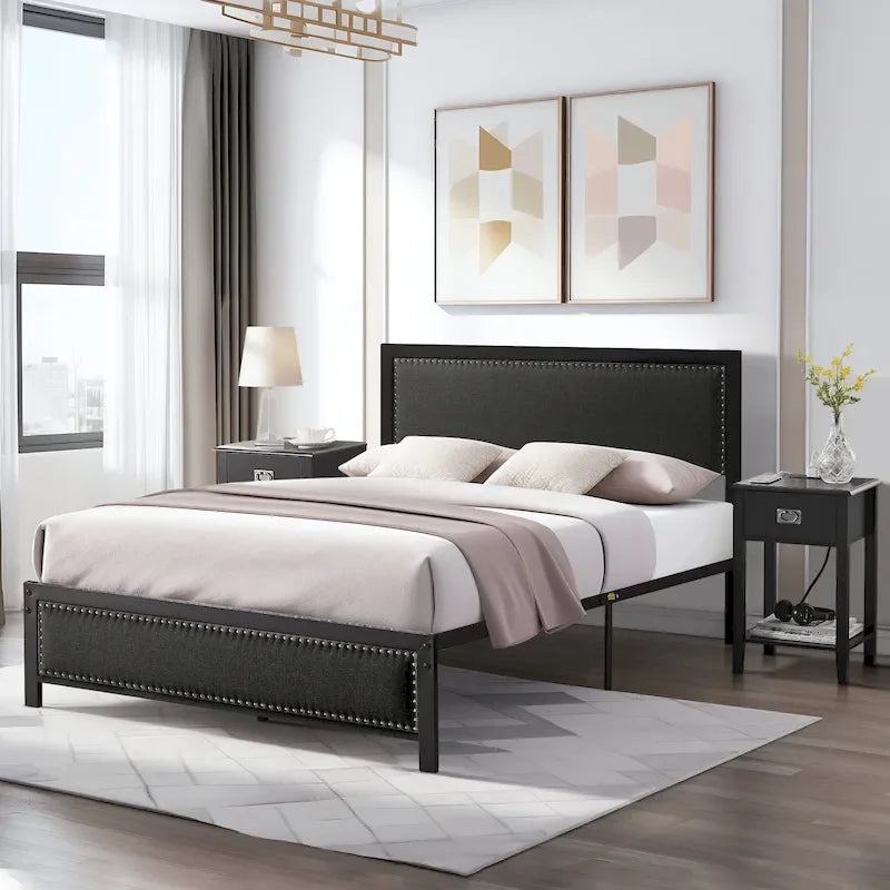 VECELO Bed Frame with Upholstered Linen Headboard and Footboard, Heavy-Duty Platform with Strong Metal Slats