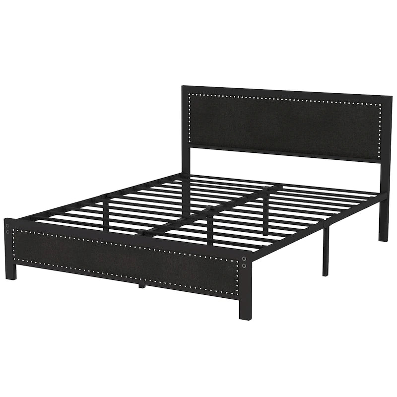 VECELO Bed Frame with Upholstered Linen Headboard and Footboard, Heavy-Duty Platform with Strong Metal Slats