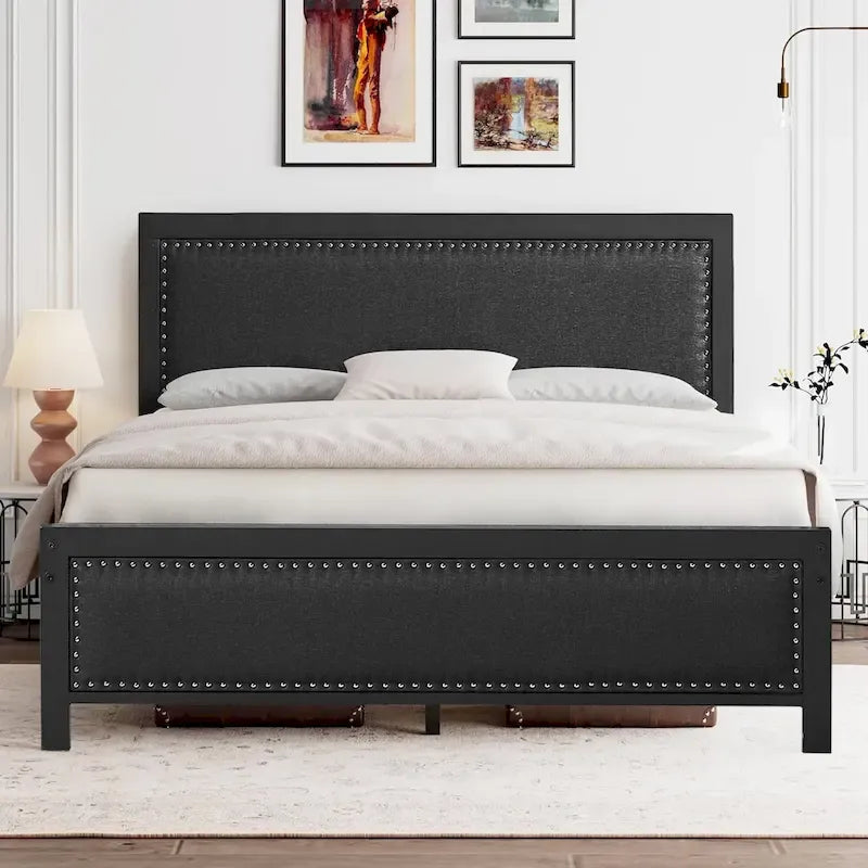 VECELO Bed Frame with Upholstered Linen Headboard and Footboard, Heavy-Duty Platform with Strong Metal Slats
