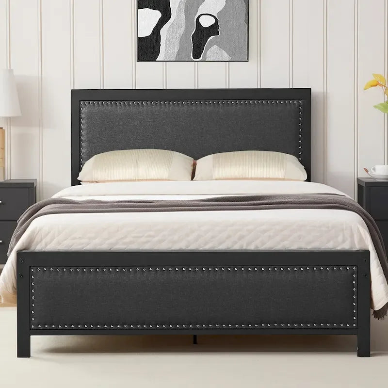 VECELO Bed Frame with Upholstered Linen Headboard and Footboard, Heavy-Duty Platform with Strong Metal Slats